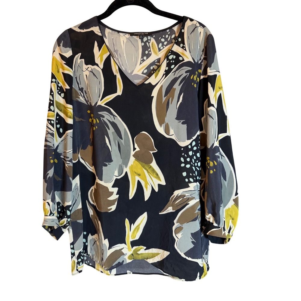 Lafayette 148 New York Silk Floral V-Neck Blouse Navy Olive Size M
